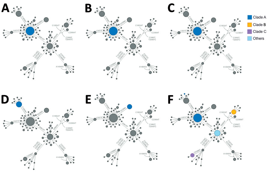 Genotype network mapping of transmission events of SARS-CoV-2 Omicron variant in specific groups, New York, New York, USA, November 25–December 11, 2021. Colored dots indicate genotypes of viruses within each transmission event by clade, if known. A) Household 1. B) Household 2. C) Household 3. D) Household 4. E) Family 1. F) Workplace 1. 