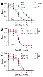 Responses of Finland, Norway, and North America moose chronic wasting disease (CWD) prions propagated in CWD-susceptible mice to increasing concentrations of GdnHCl. A) Responses of CerPrPSc in central nervous system (CNS) of diseased GtQ mice to proteinase K treatment after denaturation with increasing concentrations of GdnHCl. Magenta symbols indicate M-F1 CWD, green symbols M-NO1 CWD, and blue symbols M-US1 CWD. B) Denaturation profiles of cervid PrP scrapie in CNS of GtQ mice infected with M-F1. Magenta squares and solid lines depict passage 1; dotted magenta squares and dashed lines depict GtQ (M-F1) brains 1 and 2 (passage 2). C) Denaturation profiles of cervid PrP scrapie in the CNS of TgQ mice infected with M-F1 (magenta circles), TgQ mice infected with M-F1 passaged through TgE mice [TgE (M-F1)] (orange circles), and TgQ mice infected with M-F1 passaged through TgQ mice [TgQ (M-F1)] (dotted magenta circles). Proteinase K–resistant PrPSc was quantified by densitometry of immunoprobed dot blots and plotted against GdnHCl concentration. Sigmoidal dose-response curves were plotted using a 4-parameter algorithm and nonlinear least-square fit. Error bars indicate +SEM of data from analyses of >3 animals per group. GdnHCl1/2 values (mol/L) for each infection are reported on the right-hand side of each graph. Significance calculated by pairwise analysis of GdnHCl1/2 values from best fit curves. Fapp, fraction of apparent PrPSc = (maximum signal-individual signal)/(maximum signal-minimum signal); GdnHCl, guanidine hydrochloride; GdnHCl1/2, guanidine hydrochloride half-maximal denaturation; GtQ, CWD-susceptible gene-targeted mice in which the prion protein coding sequence was replaced with one encoding glutamine at codon 226; NS, not significant; PK, proteinase K; PrP, prion protein; TgE, transgenic mice expressing cervid PrP with glutamate at residue 226; TgQ, transgenic mice expressing cervid PrP with glutamine at residue 226.