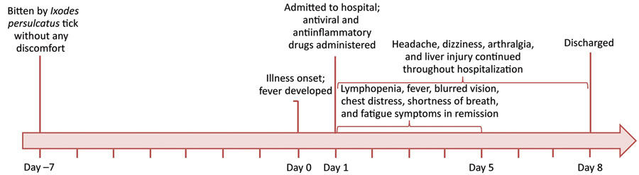 Timeline of the clinical course for a tick-bitten person infected with Yezo virus, northeastern China.