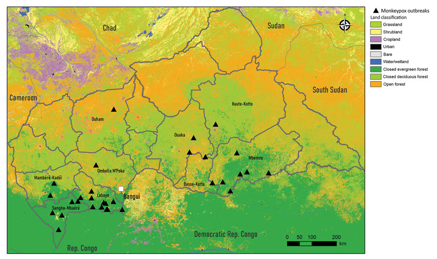 Confirmed outbreaks detected during national monkeypox surveillance, Central African Republic, 2001–2021. Source: Copernicus 2019 Global 100 m Landcover (https://doi.org/10.3390/rs12061044). Rep., Republic.