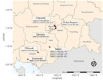 Location of live bird markets where highly pathogenic clade 2.3.4.4b avian influenza A(H5N8) viruses were detected in Cambodia during 2018–2021. The map shows where both H5N6 and H5N8 subtypes of avian influenza A were detected.