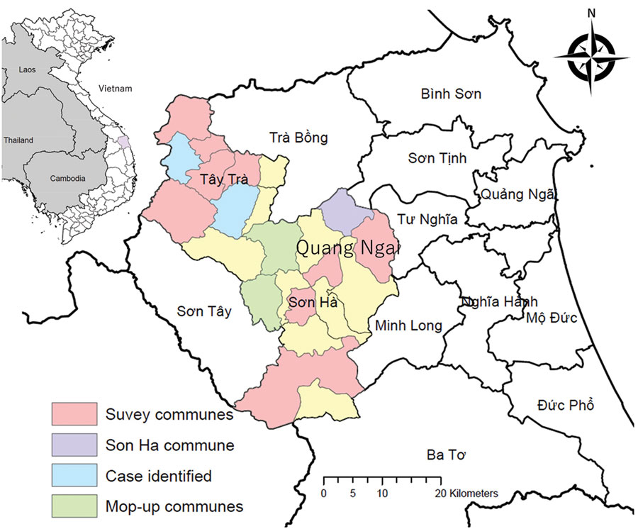 Study areas and locations where the cases were identified before and during diphtheria study in Tay Tra and Son Ha districts in Quang Ngai Province, Vietnam. Red and purple indicate 10 communes selected for this study. Blue and purple indicate 1 laboratory-confirmed diphtheria case reported during January‒September 2019 in each of these communes. Purple (Son Ha commune) indicates 12 confirmed cases reported in this commune within 1 month from the survey date, October 2019. Green indicates 2 communes excluded from the selection process of this study because a mop-up vaccine campaign was conducted in 2018. Inset map shows location of the study area in Vietnam. 