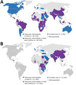 Geographic distribution of Field Epidemiology Training Programs invited to respond to a survey about their contributions to global COVID-19 response. Responding programs are identified by the tiers of training implemented. A) Programs invited to respond to the 2021 survey (n = 92). B) Programs invited to the 2020 survey (n = 88; Hu et al. [10]).