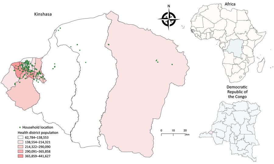 Study area for prospective, population-based, cross-sectional study to ascertain the cumulative population SARS-CoV-2 exposure in Kinshasa, Democratic Republic of the Congo, after the second wave of SARS-CoV-2. Inset maps show location of Kinshasa in Democratic Republic of the Congo (pink shading) and Democratic Republic of the Congo in Africa (blue shading).