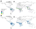 Model prediction and uncertainty maps for model of global bushmeat activities (hunting, preparing, and selling bushmeat) to improve zoonotic spillover surveillance. A) Distribution of bushmeat activities in the tropical and subtropical regions from an ensemble of 3 model predictions using a hierarchical binomial model with spatial autocorrelation. B) Map illustrating the uncertainty of predicted bushmeat activities represented by the SD of each pixel. Each pixel represents a 5 × 5 km area.