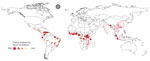 Predicted priority regions for future survey efforts in urban areas as determined by a model of global bushmeat activities (hunting, preparing, and selling bushmeat) to improve zoonotic spillover surveillance. The 100 priority locations identified are indicated by the necessity for surveillance, a previously described measure (30). Color and size of dots indicate high to low priority of needed surveillance efforts.
