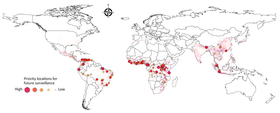 Predicted priority regions for future survey efforts in urban areas as determined by a model of global bushmeat activities (hunting, preparing, and selling bushmeat) to improve zoonotic spillover surveillance. The 100 priority locations identified are indicated by the necessity for surveillance, a previously described measure (30). Color and size of dots indicate high to low priority of needed surveillance efforts.
