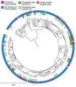 Phylogenetic tree of patients with pulmonary tuberculosis of Mycobacterium tuberculosis lineage in study of risk for prison-to-community tuberculosis transmission, Chiang Rai Province, Thailand, 2017–2020. Scale bar indicates 0.01 substitutions per site SNP, single-nucleotide polymorphism.