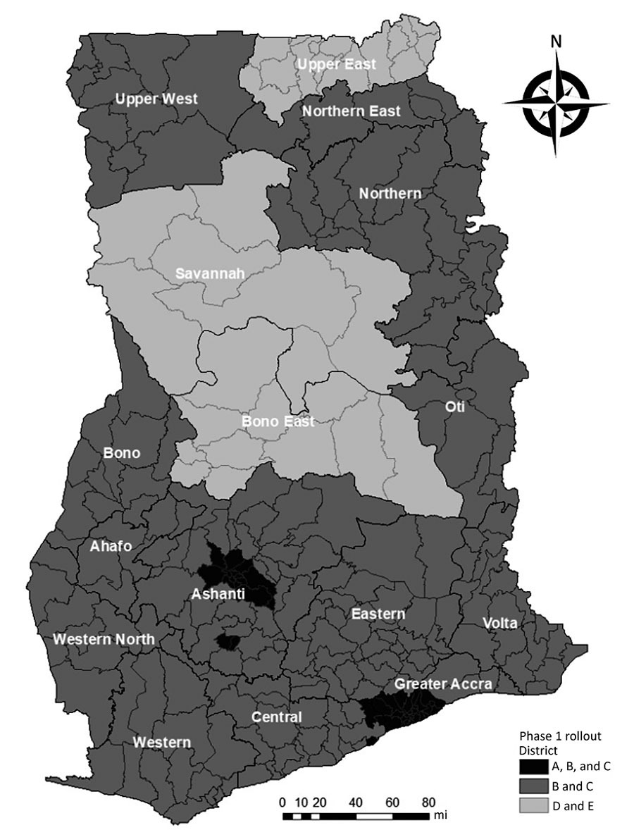 Distribution of phase 1 COVID-19 vaccination campaign deployment by district, Ghana, March 1–August 23, 2021. Based on population and geographic segmentation, phase 1A targeted the most at-risk groups in 43 hotspot districts; phase 1B targeted all healthcare workers; phase 1C targeted all persons vaccinated in phase 1A during within March 1–9, 2021 (12 weeks after first dose); phase 1D targeted 2021 census enumerators (first dose) and second-dose vaccinations in selected districts; and phase 1E targeted the general population in same districts. Phase 1E vaccination was with the Janssen/Johnson & Johnson vaccine (https://www.jnj.com).