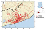 Sample spatial distribution of initial COVID-19 cases defining 2 km buffer around confirmed cases before geographic positioning system‒linked contact tracing, Greater Accra Region, Ghana, March 31, 2022. Insets show location of study area in Greater Accra and of Greater Accra in Ghana. 