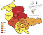 District-wise distribution of children with scrub typhus manifesting as acute encephalitis syndrome, southern India. Number of children from each district with scrub typhus manifesting as acute encephalitis syndrome is indicated. The 3 recruiting hospitals and the coordinating center are located in Bangalore urban. Inset shows location of study area in India.