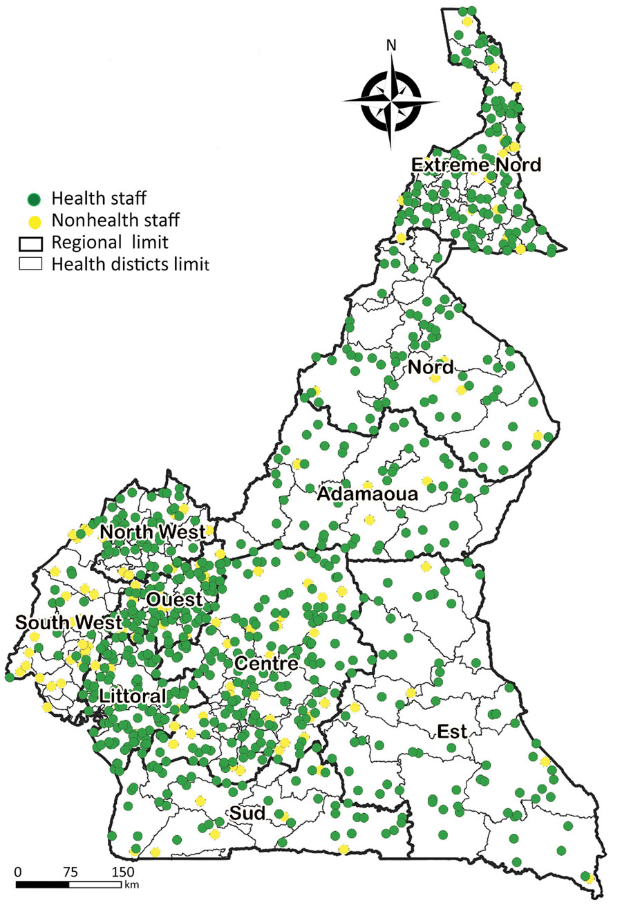 Distribution of Cameroon Field Epidemiology Training Program trainees and graduates by region, Cameroon, July 2022. Source: Cameroon Ministry of Health/Cameroon Field Epidemiology Training Program.