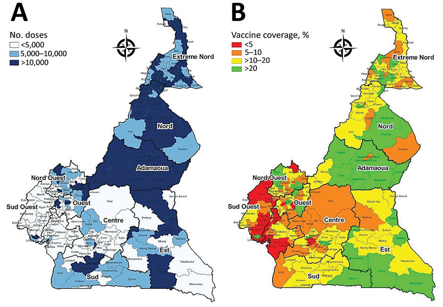 COVID-19 vaccination coverage, by health district, Cameroon, July 2022. A) Number of vaccine doses administered; B) percentage of population that has received >1 vaccine dose. Source: Cameroon Ministry of Health/Expanded Programme on Immunization.