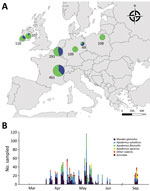 Sampling of various areas in Europe to detect SARS-CoV-2 antibody response in wild rodents. A) Location of sampling areas. Colors indicate the proportion of samples taken in the 2 habitat types (green: forests; blue: urban parks) and symbol size and numbers indicate sample size. Samples were taken from up to 8 different sites in each country (Appendix 1 Figure 1). B) Number of individuals sampled, by date and taxonomy. Details of sampling periods, habitats, and rodent species are provided in Appendix 1 Table 1. Details of sampling periods, habitats, and rodent species are provided in Appendix 2.