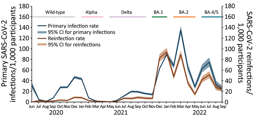 Rate of SARS-CoV-2 infections and reinfections detected through SIREN early warning system, United Kingdom, June 2020–September 2022. The SIREN study tested healthcare workers every 2 weeks via PCR and sequenced PCR-positive samples. We considered primary infection as infections among participants without prior infection and reinfections as infections among persons with prior infection. SIREN, SARS-CoV-2 Immunity and Reinfection.