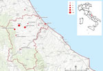 Location of residential areas in the province of Pescara and neighboring zones where outbreak cases were found in study of severe Streptococcus equi subspecies zooepidemicus outbreak from unpasteurized dairy product consumption, Italy, during November 2021–May 2022. Sizes of red dots indicate numbers (N = 37) of patients infected by location. Inset shows the outbreak area in the Vestina region of central Italy.