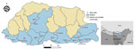 Location of 18 healthcare centers in 11 districts that had high reporting rates for scrub typhus that were included in the case‒control study conducted in Bhutan, 2015.