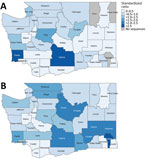 Geographic extent of sequencing data available for COVID-19 cases in study of sentinel surveillance system implementation and evaluation for SARS-CoV-2 genomic data, Washington, USA, 2020–2021. A) Presentinel surveillance (specimens sequenced before March 1, 2021). B) Sentinel surveillance (specimens sequenced on or after March 1, 2021, through the sentinel surveillance program). Standardized ratios (observed/expected counts) of cases with sequenced specimens are indicated by county. No sequence data were available for 3 counties during the presentinel period. 