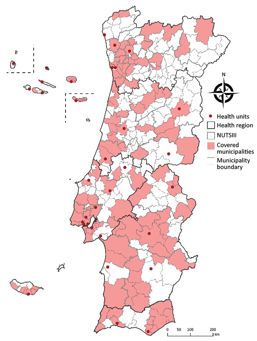 Data collection sites for study of seroprevalence of specific SARS-CoV-2 antibodies during the Omicron BA.5 wave, Portugal, April–June 2022 (ISN4COVID-19 study). NUTSIII, territorial units for statistics level III.