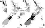 Geographic pattern of mean legionellosis notification rates (cases/100,000 population) by New Zealand District Health Board in study of increased incidence of legionellosis after improved diagnostic methods, New Zealand, 2000–2020. A) 2000–2009; B) 2010–2020. Insets show enlarged areas around the cities of Auckland and Wellington. Maps generated in ArcGIS version 10.8 (https://www.arcgis.com/index.html) by using District Health Board data (Appendix).