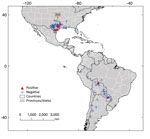 Geographic origin of samples analyzed in study of Mycobacterium leprae in armadillo tissue samples from US museums (n = 8 countries). We obtained coordinates from the tissue metadata or georeferenced them manually by using Google Earth (https://earth.google.com). Of the 2 samples suitable for whole-genome sequencing, 1, USA-am-109, lacked spatial detail from which to obtain coordinates and is not included on the map, along with 4 additional samples. The other sample that was sequenced, USA-am-209, is indicated with an arrow and the number in a red square.