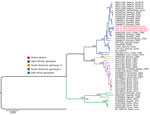 Phylogenetic analysis of yellow fever virus sequences from 3 confirmed cases in Ghana during January 2021–February 2022 (red text) compared with reference sequences obtained from GenBank in January 2022 (identified by GenBank accession number and country of origin).). Virus genotypes are indicated with different color nodes on the tree. Some branches with low support values were collapsed for clarity of presentation. Scale bar indicates substitution per site.