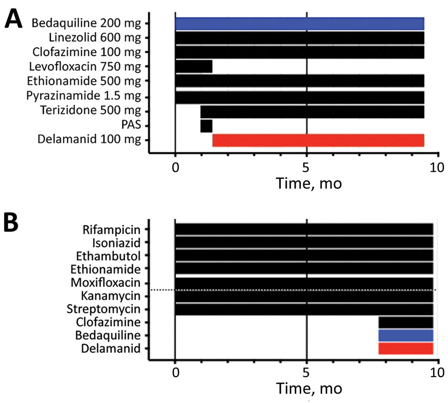 Drug regime over time of patient with drug-resistant tuberculosis, South Africa. A) Drug treatment history by month. B) Development of drug resistance according to phenotypic drug susceptibility testing per month. Red indicates delamanid, blue indicates bedaquiline. PAS, P-aminosalicylic acid. 