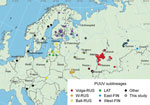 Locations of virus isolation in a study of the evolutionary formation and distribution of Puumala virus genome variants, Russia. The map includes all genome variants belonging to LAT, FIN (West-FIN and East-FIN sublineages), and RUS (W-RUS, Volga-RUS, and Balt-RUS) lineages that had complete coding sequences of the small (S) genome segment available in GenBank as of September 16, 2022. The map was created by using QGIS software (QGIS Development Team, http://qgis.osgeo.org). Color marking for sequences in the map correspond to those in phylogenetic trees (Figure 2). Black frames indicate isolation sites of novel sequences revealed in this study. Because other lineages were not the focus of this study, only a few Puumala virus sequences belonging to other lineages were included. An additional interactive map was generated in R (The R Foundation for Statistical Computing, https://www.r-project.org) by using the leaflet, html widgets, and webshot libraries and is available at https://rpubs.com/andreideviatkin/PUUV_RUS-FIN-LAT_lineages. Balt-RUS, sublineage from the Baltic coast region; East-FIN, sublineage from Siberia and northern Russia; FIN, Finnish lineage; LAT, Latvian lineage; RUS, Russian lineage; Volga-RUS, sublineage from the Volga River Valley; W-RUS, sublineage from western Russia; West-FIN, sublineage from Finland and Russian Karelia.