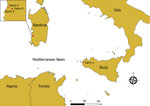 Emplacements géographiques pour la détection du virus de la maladie hémorragique épizootique de sérotype 8, Italie, 2022. Les points rouges indiquent les emplacements des 4 exploitations concernées.  Carte en médaillon détaillant les emplacements des 3 fermes concernées dans la commune d'Arbus en Sardaigne. 