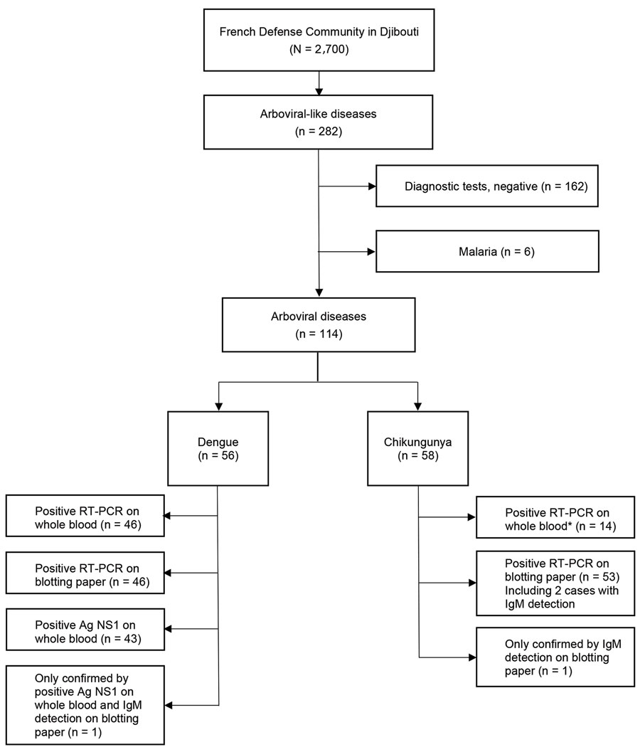 Flowchart for arboviral-like disease diagnoses among French Defense Community in Djibouti, 2019–2020. *Number of samples tested was limited because RT-PCR of whole blood was introduced in Djibouti City 1 month after the start of the chikungunya outbreak. Ag, antigen; NS1, nonstructural protein 1; RT-PCR, reverse transcription PCR.