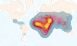 Heat map of global annual incidence of human brucellosis estimated per 1 million population at risk. Overall global risk is defined by the weighted average interpolation data (total number of new cases/total population at risk × 1 million). The global average is ≈500 new cases per 1 million persons at risk. The heat scale shows high risk to low risk; yellow (>4,000 cases) to blue (<1 case). This heatmap is intended to represent transnational zones that require priority control or surveillance initiative, not to represent the risk for individual countries.