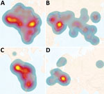 Heatmaps of regional annual incidence of human brucellosis estimated per 1 million population at risk. Each region has a different scale for incidence per 1 million population at risk. Heatmaps are intended to represent transnational zones that require priority control or surveillance initiative, not to represent the risk of individual countries. The heat scale shows high risk to low risk; yellow to blue. A) Africa: average risk is ≈750 new cases per million; high is >3,000. B) Asia: average risk is ≈500 new cases per million; high is >4,000. C) Americas: average risk is ≈20 new cases per million; high is >75. D) Europe: average risk is  ≈10 new cases per million; high >100.