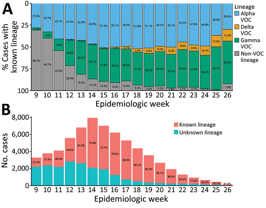 Percentage of COVID-19 cases by SARS-CoV-2 VOC lineage (A) and by known versus unknown lineage (B) reported in British Columbia, Canada, by epidemiologic week of specimen collection, March 1–June 30, 2021 (n = 66,247). Data are incomplete for epiweeks 9 and 26 because of study period date cutoffs. Beta VOC cases are not displayed in the top panel but are accounted for in the rounded percentages; Beta VOC cases did not account for >20 cases (<1% of cases with known lineage) per week in BC during the study period. COVID-19 cases of unknown lineage included cases with samples that did not undergo targeted VOC single-nucleotide variant (SNV) quantitative PCR (qPCR) screening or whole-genome sequencing (WGS), were negative or indeterminate on VOC SNV qPCR screening and did not undergo WGS, or did not undergo VOC SNV qPCR screening and failed WGS. VOC, variant of concern.