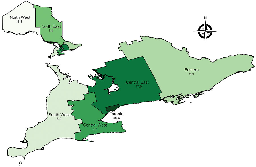 Prevalence of nontuberculous mycobacterial pulmonary disease (standard definition) by Ontario health region, Ontario, Canada, 2020. Numbers below region names indicate number of cases per 100,000 population.