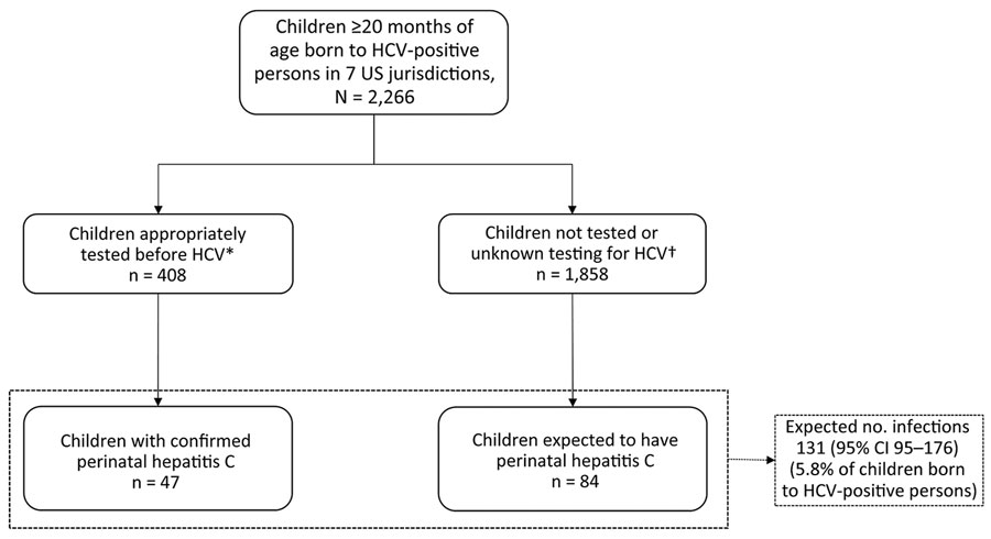 Observed and expected HCV infections among children with perinatal hepatitis C exposure in 7 US jurisdictions, 2018–2020. *Appropriate testing is considered test conducted at ≥2 months for HCV RNA or ≥18 months for HCV antibody. †May include children who tested negative for HCV, children whose tests were not reported to the health department, or children tested at an inappropriate age (<2 months for HCV RNA; <18 months for HCV antibody). HCV, Hepatitis C virus.