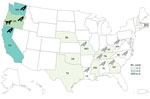 Geographic locations of human Salmonella Typhimurium cases in the United States, 2020–2021. Colored shading indicates number of cases by state; black bird icons indicate states that detected the outbreak strain of Salmonella Typhimurium from wild birds (within 0–12 allele differences based on core genome multilocus sequence typing). One isolate was obtained from a dog's mouth wound at a veterinary hospital in Oregon (dog icon) and matched the outbreak strain. Numbers of genetically related isolates obtained from wild birds are indicated within animal icons. Salmonella Typhimurium was also detected in wild birds as part of the Southeastern Cooperative Wildlife Disease Study at the University of Georgia (gray bird icons); those isolates were serotyped at the National Veterinary Services Laboratory (30), but whole-genome sequencing was not performed to confirm relatedness to the outbreak strain.