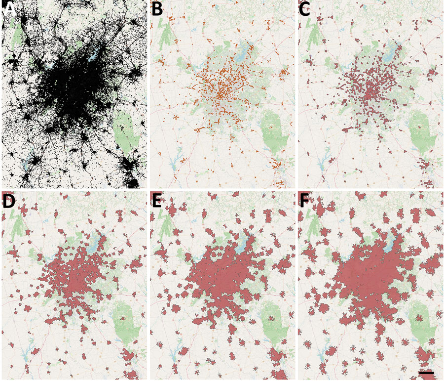 COVID-19 vaccination site accessibility, Atlanta metropolitan area, Georgia, USA, December 11, 2020–March 29, 2022. A) Adult population density; B) COVID-19 providers; C) COVID-19 vaccination site accessible by 15-minute walk; D) 30-minute walk; E) 45-minute walk; F) 60-minute walk. Scale bar indicates 20 km.  