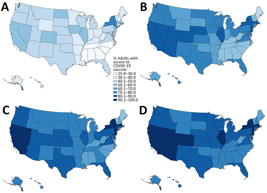 Walking accessibility for COVID-19 vaccination sites, by state, United States, December 11, 2020–March 29, 2022: A) 15 minutes; B) 30 minutes; C) 45 minutes; D) 60 minutes.