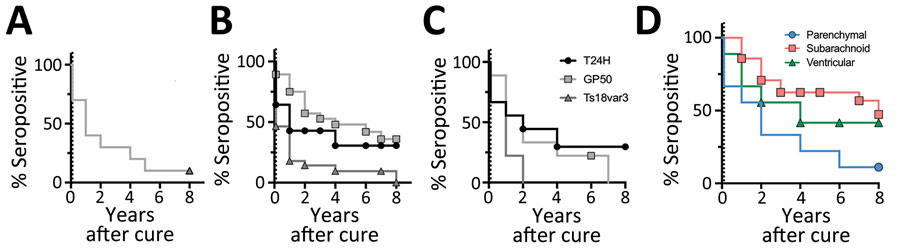 Degradation of Taenia solium seropositivity over time by a triplex assay to determine durability of T. solium seropositivity after neurocysticercosis cure. The assay combines 3 families of T. solium antigens: T24H, GP50, and Ts18var3. Kaplan-Meier survival curves show seropositivity by disease type for each protein over 8 years after neurocysticercosis cure. A) Parenchymal disease; B) subarachnoid disease; C) ventricular disease; D) all disease types. Time 0 represents time during treatment when all subjects were seropositive; dotted vertical line indicates time of cure. Symbols indicate years containing censored data for each disease type. The sample size for patients with parenchymal disease testing positive to T24H, GP50, or both, at cure were too few to plot. Therefore, these curves were excluded in this analysis. Log-rank Mantel-Cox analysis found significant differences in seroreversion in Ts18var3 compared with T24H and GP50 for both subarachnoid (p = 0.03) and ventricular disease (p = 0.04). Log-rank Mantel-Cox analysis for all survivors (D) demonstrates significant differences between the curves (p = 0.025); 11.1% of patients with parenchymal disease, 47.3% with subarachnoid disease, and 41.7% with ventricular disease were seropositive 8 years after cure.