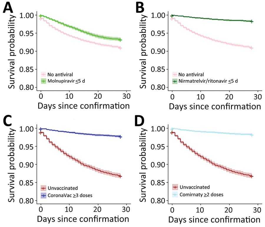 Survival curves for all-cause mortality outcome in study of effectiveness of vaccines and antiviral drugs in preventing severe and fatal COVID-19, Hong Kong. Survival curves were generated to compare patients who did not receive antiviral drugs with those prescribed molnupiravir (A) or nirmatrelvir/ritonavir (B) within 5 days after confirmation of COVID-19 diagnosis and to compare unvaccinated patients with those vaccinated with CoronaVac (C) or Comirnaty (D) vaccines. 