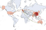 Temporal and spatial transmission trajectory of global blaOXA-232–carrying carbapenem-resistant Klebsiella pneumoniae. Coral-colored countries on map indicate geographic regions where blaOXA-232 has occurred; arrows show dates and direction of transmission. The blaOXA-232–carrying isolate originated in the United States, initially expanded to the United Kingdom and China, then spread to the rest of the world, with China as its central focus. Red circles represent major outbreak regions in the United Kingdom and China; size of the red circles corresponds to the number of strains analyzed in each country.