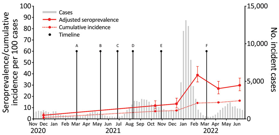 Adjusted SARS-CoV-2 nucleocapsid seroprevalence, incident cases, and cumulative incidence in children, Oregon, USA, November 1, 2020–June 30, 2022. We calculated cumulative incidence estimates at the midpoint of each collection period and plotted adjusted seroprevalence estimates with 95% CIs (error bars). Incident cases and cumulative incidence are plotted by epidemiologic week. Points A through F denote key timepoints: A, all public schools required to offer in-person instruction for grades K–5 by March 29, 2021, and grades 6–12 by April 19, 2021; B, COVID-19 vaccine available for children 12–15 years of age on May 12, 2021; C, statewide mask mandates lifted on June 30, 2021; D, statewide mask mandates reinstated on Aug 13, 2021; E, COVID-19 vaccine available for children 5–11 years of age on November 2, 2021; F, statewide mask mandates were lifted on March 12, 2022. Incident cases and case-based cumulative incidence estimates were calculated at the midpoint of each collection period and are obtained from pediatric COVID-19 cases reported to Oregon Health Authority since the beginning of the pandemic. 