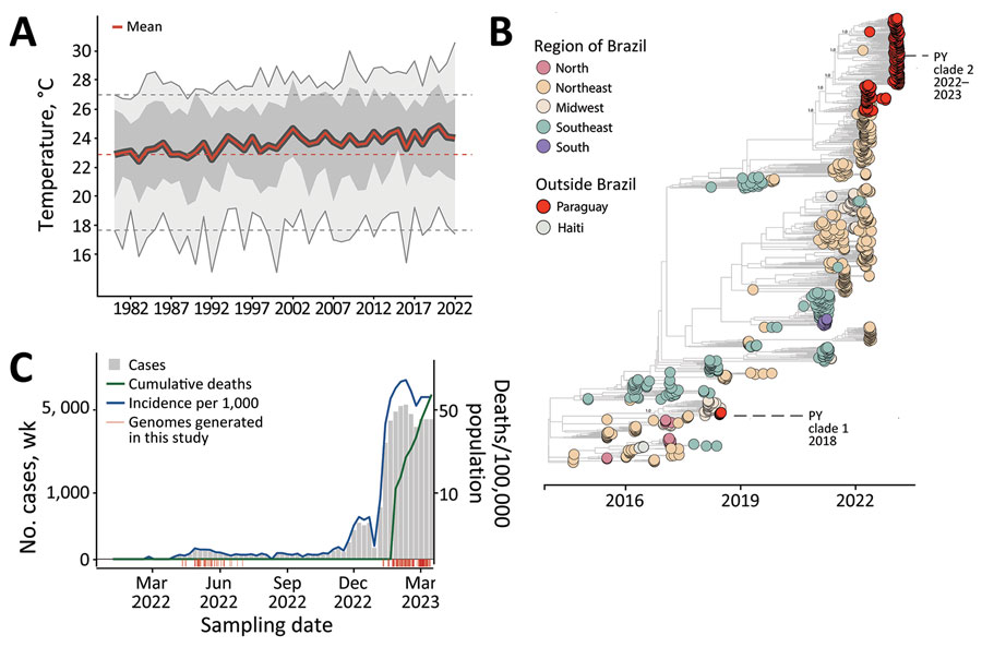 Spatial and temporal distribution of cases of chikungunya in Paraguay. A) Temperature trends during 1981‒2022. Yearly mean (red line), yearly minimum and maximum (light gray shading), yearly 50% quantiles (dark gray shading), minimum and maximum temperatures in 1981 (dashed gray lines) and mean temperature in 1981 (dashed red line) are shown. B) Number of chikungunya virus genome sequences in Paraguay compared with Brazil (by region) and Haiti. Size of circles indicates number of new genomes generated in this study. C) Weekly reported chikungunya cases (gray area), incidence normalized per 100,000 persons (blue line), and cumulative deaths (green line -or other color if you need to change this line color) during 2022–2023 (through epidemiologic week 11). Red bars indicate dates of sample collection of genomes generated in this study.