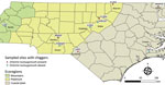 Study area for investigation of Orientia spp. bacteria in field-collected free-living Eutrombicula chigger mites, North Carolina, USA. Free-living chiggers were collected from 10 sites in 8 counties. CNF, Croatan National Forest; FLSRA, Falls Lake State Recreation Area; JLSRA, Jordan Lake State Recreation Area; KLSRA, Kerr Lake State Recreation Area; LJSP, Lake James State Park; LRSP, Lumber River State Park; MMPSP, Merchant Millpond State Park; MMSP, Morrow Mountain State Park; PDNWR, Pee Dee National Wildlife Refuge; WBUSP, William B. Umstead State Park.