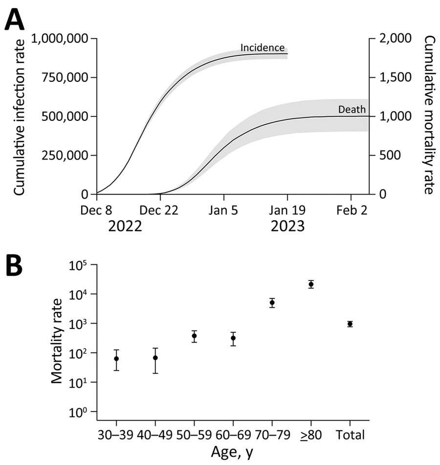 Estimated SARS-CoV-2 infection incidence in China during December 16, 2022–January 19, 2023, and resulting COVID-19 mortality rates. A) Estimated cumulative infection and mortality rates (per 1 million population) during December 8, 2022–February 7, 2023, based on test positivity data from the Chinese Center for Disease Control and Prevention sentinel community surveillance system, reported on January 26, 2023 (5). Gray shading indicates 95% credibility intervals derived from 1,000 stochastic simulations. B) Estimated age-specific COVID-19 mortality rates (deaths/1 million population, log scale), based on simulations that incorporate vaccine timing, coverage, effectiveness, and waning in each age group. 