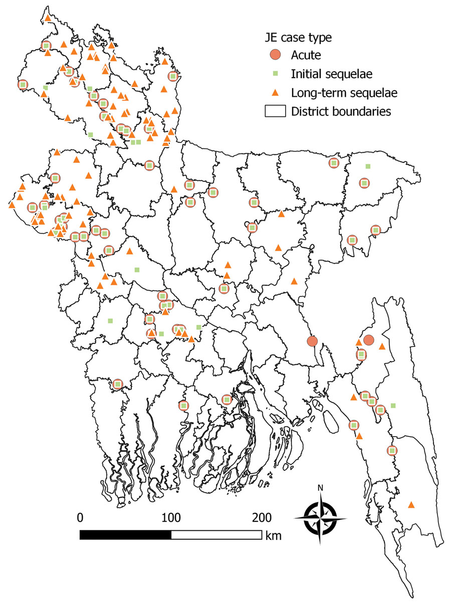 Locations of patients enrolled in study of costs of acute and sequelae care for Japanese encephalitis (JE) patients, Bangladesh, 2011–2021.