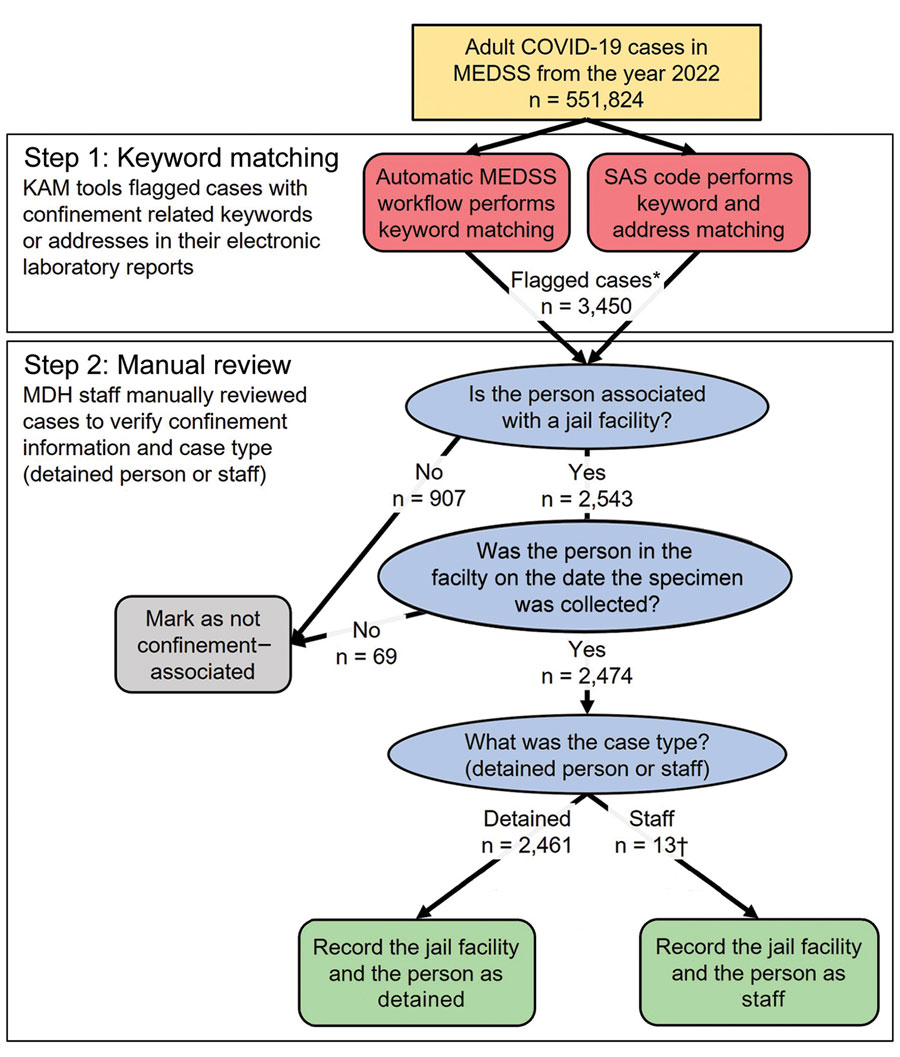 KAM surveillance system parts, process, and resulting unverified jail-associated COVID-19 case counts, Minnesota, USA, 2022 (cases among confirmed jail staff have been excluded from case counts). KAM consisted of KAM tools to flag COVID-19 cases potentially associated with jails and manual review to verify confinement information (e.g., facility name, dates incarcerated) and to classify the person as detained or facility staff (case type). Cases among persons confirmed to be jail staff have been excluded. Thirteen cases classified as staff were confirmed to have been for persons detained in jail by matching COVID-19 case data to detention data from MSSS. KAM, keyword and address matching; MEDSS, Minnesota Electronic Disease Surveillance System; MSSS, Minnesota Statewide Supervision System.