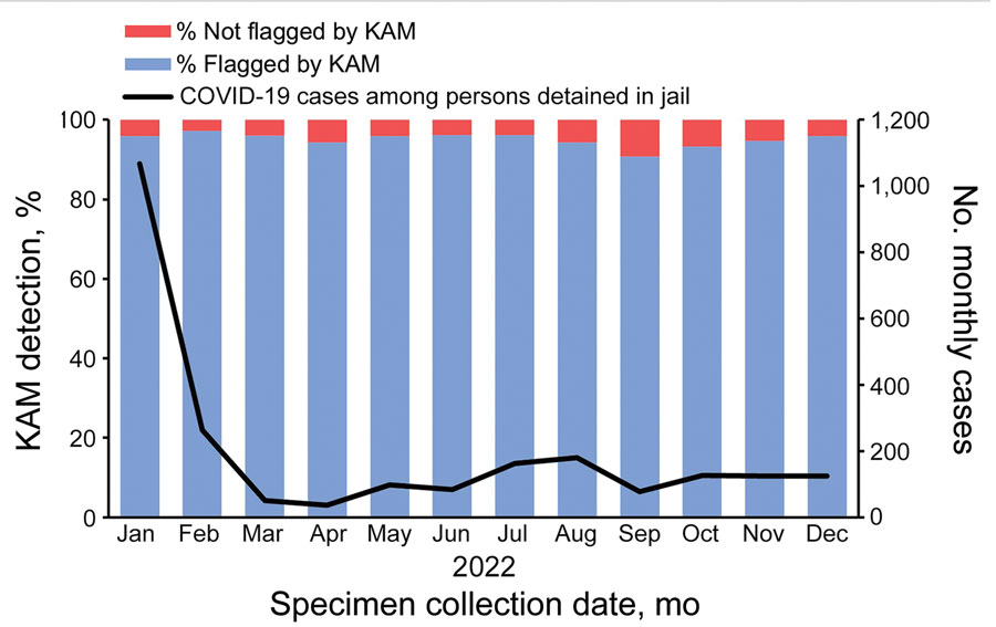 Monthly COVID-19 cases in persons detained in jail, Minnesota, USA, 2022, and the percentage detected by KAM surveillance tools and flagged for review. The figure includes 2,263 COVID-19 cases matched with a Minnesota Statewide Supervision System record of detention and 131 cases without a match that were confirmed as in persons detained at time of test (n = 2,394). KAM, keyword and address matching.