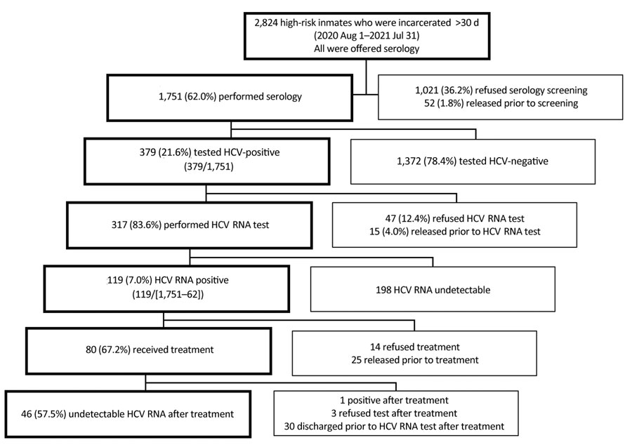 Flowchart of participant enrollment in a hepatitis C elimination program among high-risk prison inmates, Israel. Bold boxes on left indicate participants. HCV, hepatitis C virus.