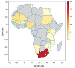 Distribution of Crimean-Congo hemorrhagic fever cases in Africa. Total numbers of CCHF cases were recorded by 19 nations in Africa during January 1956–July 2020. Colors in key indicate the number of confirmed cases in each country. Red indicates the highest number of cases occurred in South Africa. Gray indicates no cases were reported in those countries. 